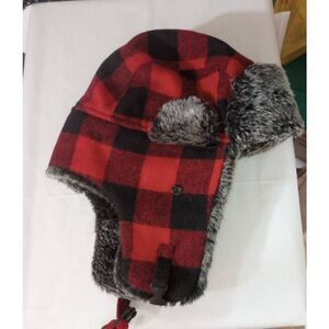 Faux fur trapper hat, wool blend. Chin strap. 9 in round